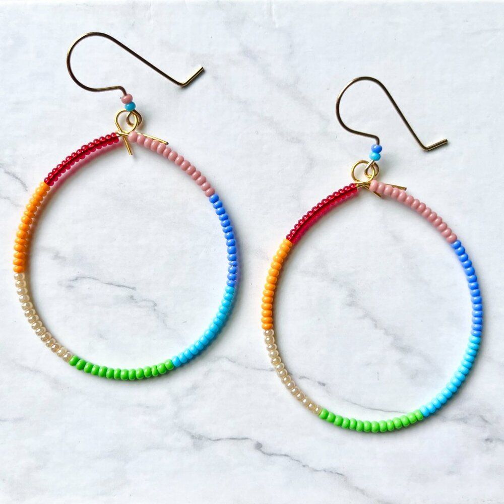 Rainbow Hand Beaded Tear Drop Color Block Earrings